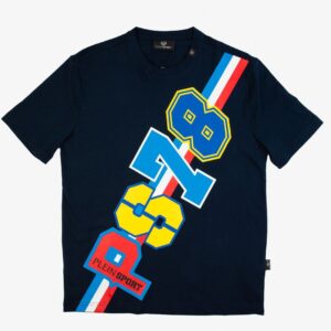 Granatowy t-shirt Plein Sport z kolorowym nadrukiem