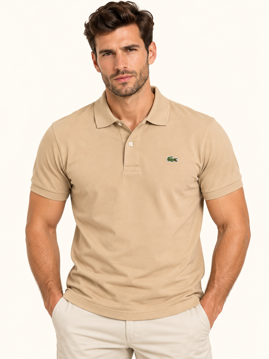 Mężczyzna w beżowej koszulce polo Lacoste – przód