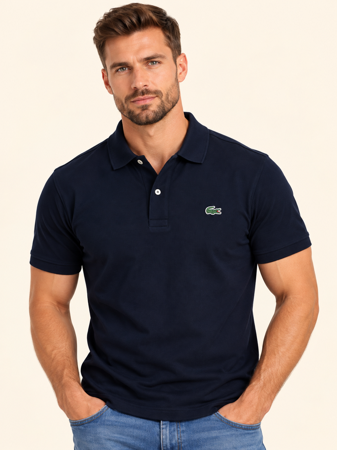 Mężczyzna w granatowej koszulce polo Lacoste – przód