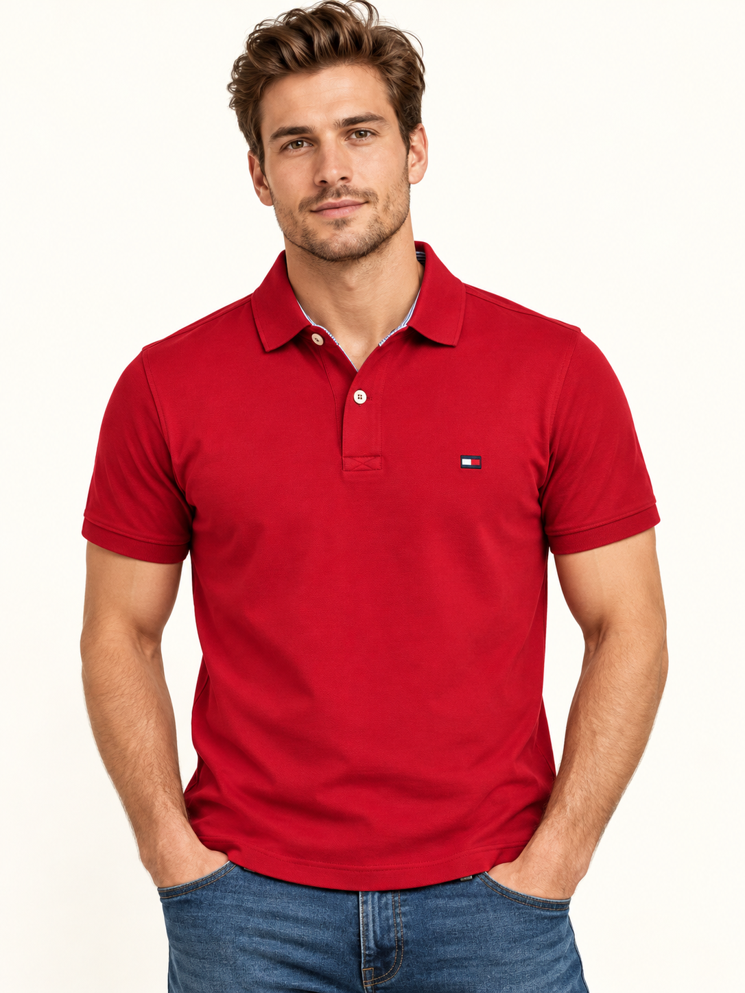 Męska koszulka polo Tommy Hilfiger burgundowa na modelu