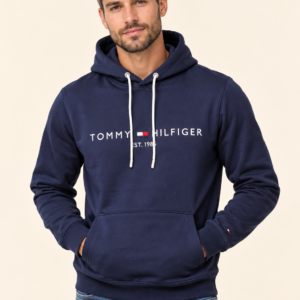Bluza granatowa męska Tommy Hilfiger z kapturem, ocieplana, regular fit