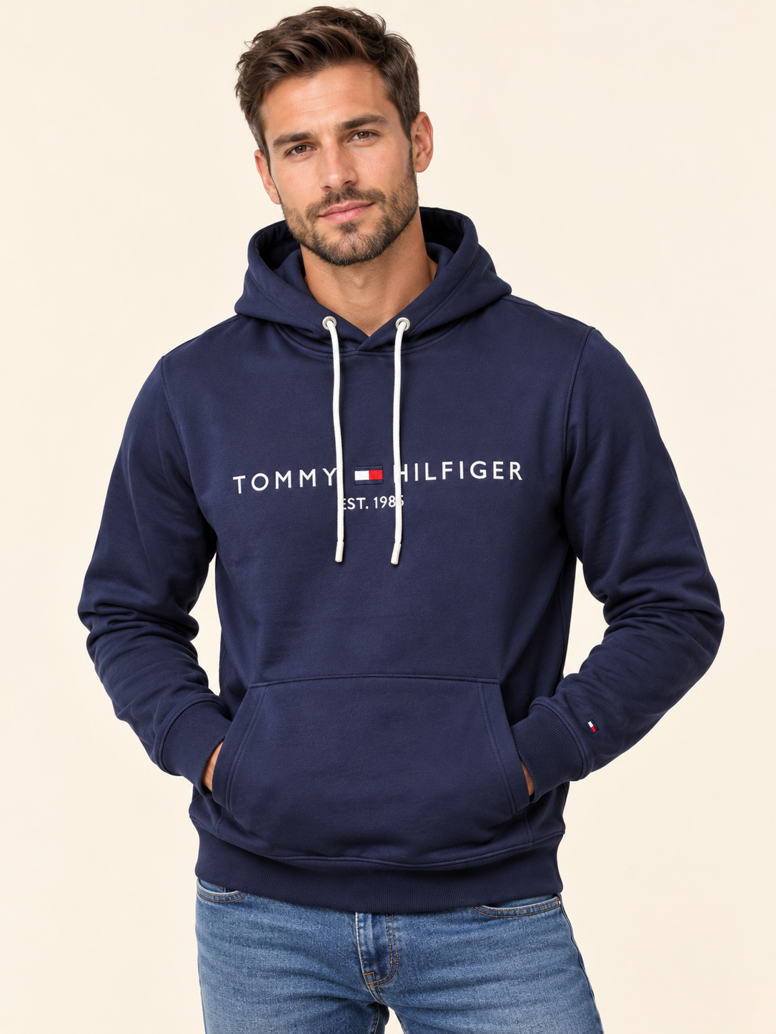 Bluza granatowa męska Tommy Hilfiger z kapturem, ocieplana, regular fit
