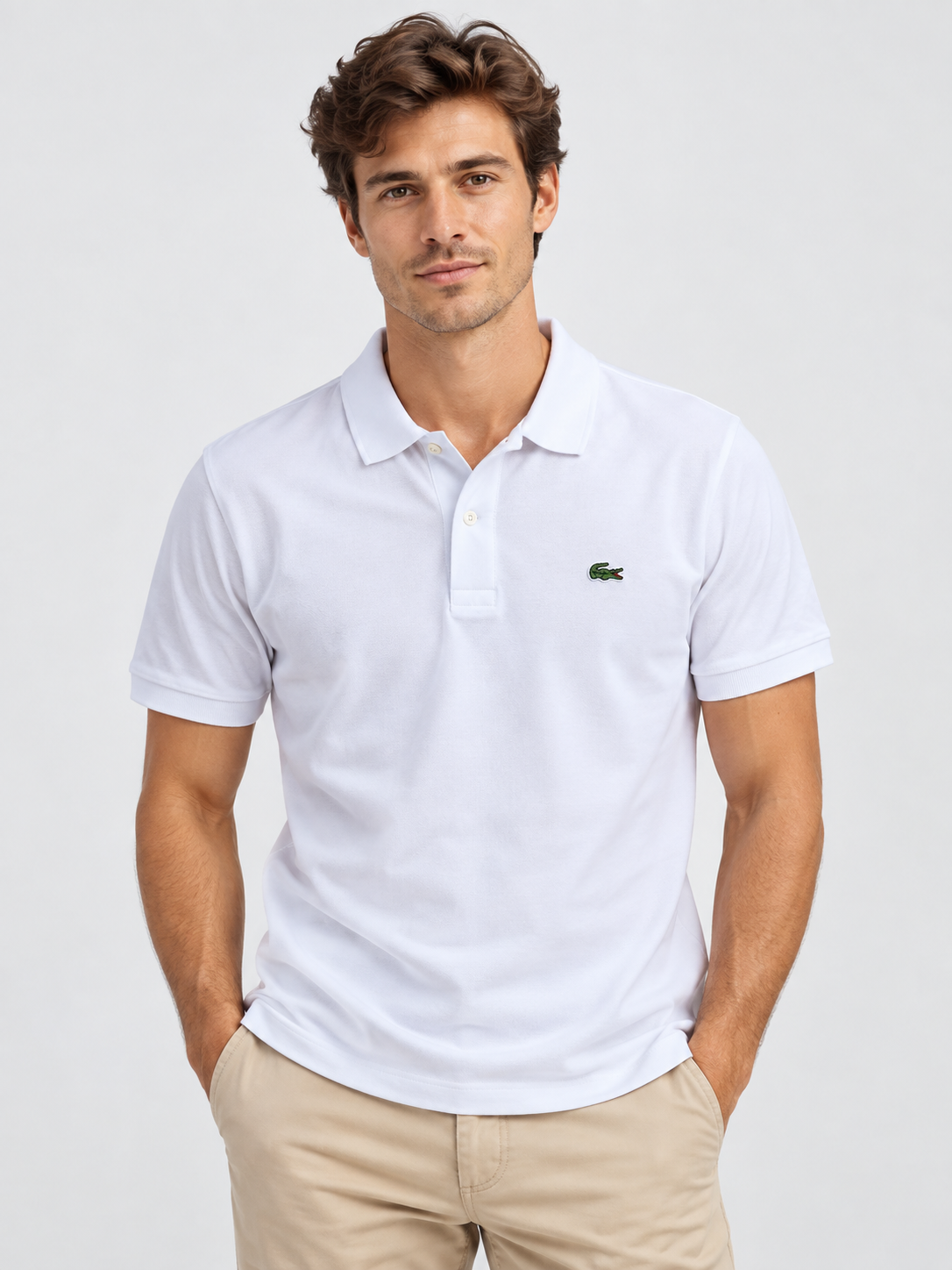 Mężczyzna w białej koszulce polo Lacoste – przód