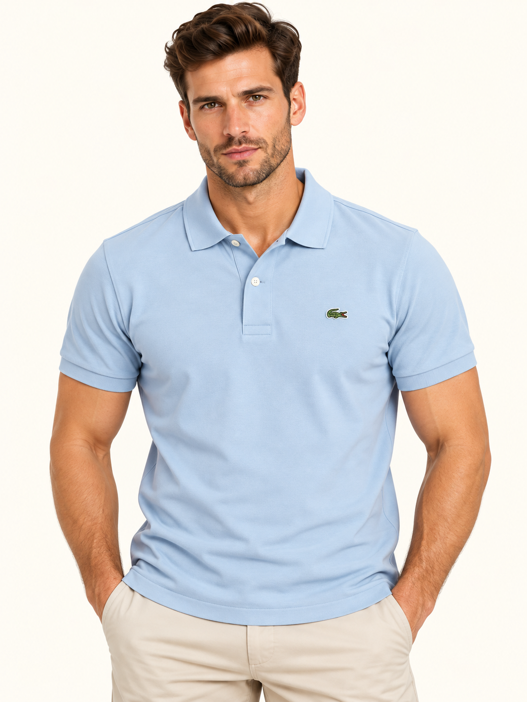 Mężczyzna w jasnoniebieskiej koszulce polo Lacoste – przód