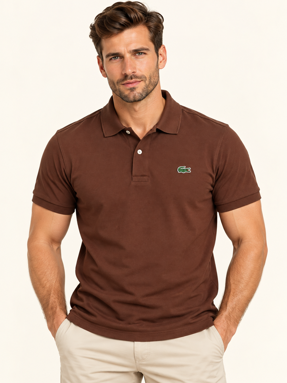 Mężczyzna w brązowej koszulce polo Lacoste – przód