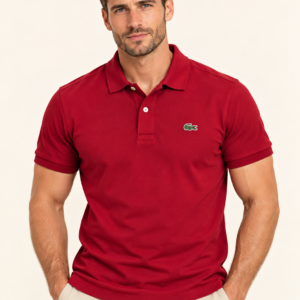 Mężczyzna w bordowej koszulce polo Lacoste – przód