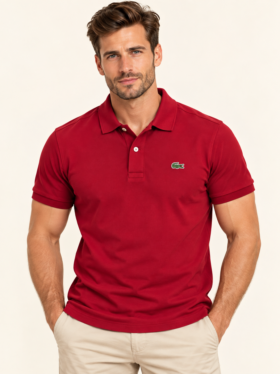 Mężczyzna w bordowej koszulce polo Lacoste – przód